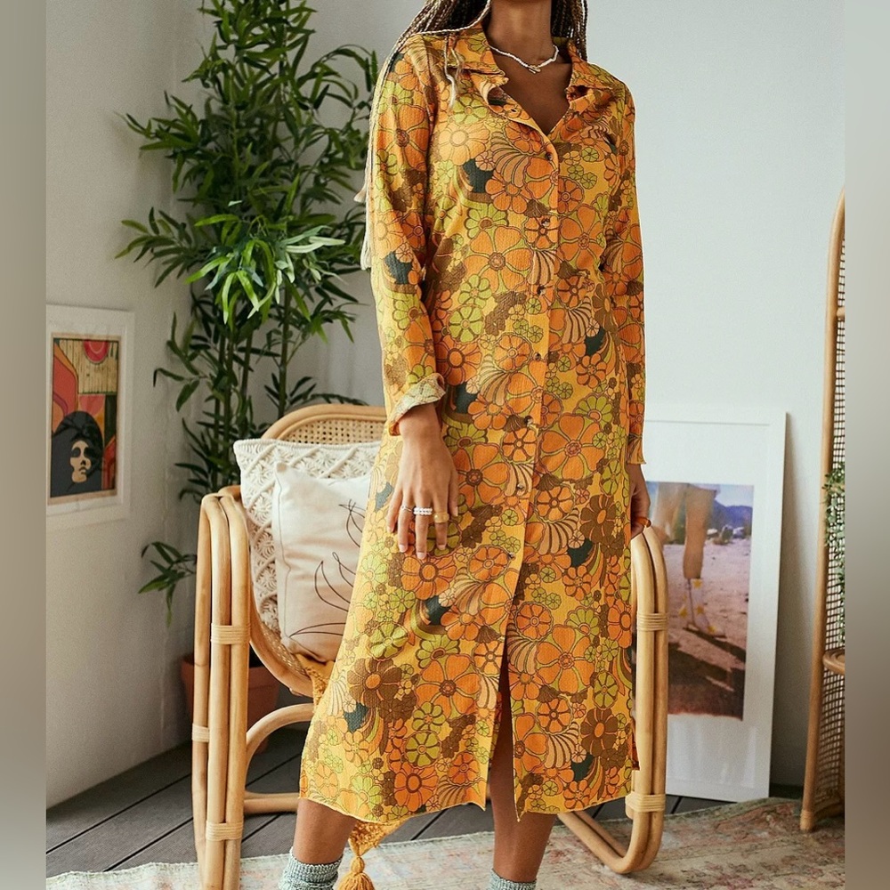 Printed Midi Shirt Dress in Mustard Floral